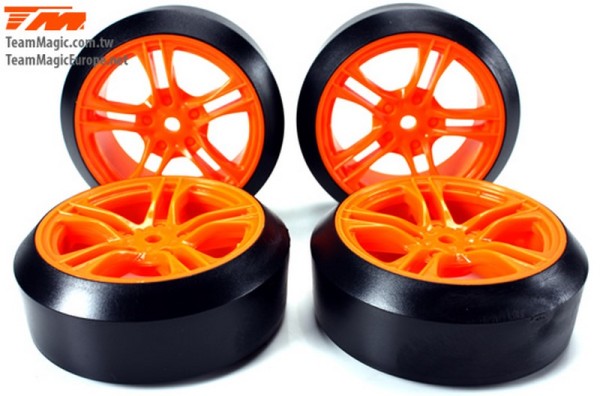 Team Magic Tires - 1/10 Drift - mounted - 5 Spoke Orange wheels - 12mm Hex - 45° - Hard (4 pcs)