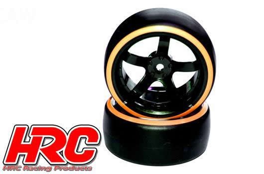 Reifen - 1/10 Drift - montiert - 5-Spoke Felgen 6mm Offset - Dual Color - Slick - Schwarz/Orange (2