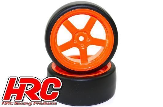 Reifen - 1/10 Drift - montiert - 5-Spoke Orange Wheels 6mm Offset - Slick (2 pcs)