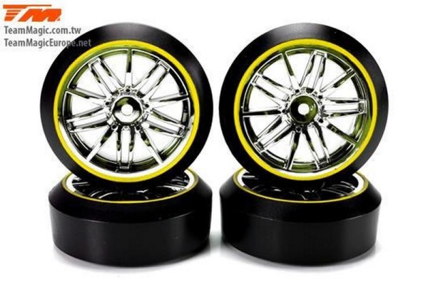 KF7625YH Reifen 1/10 Drift Räder Starlight Felgen Silver / Yellow - 12mm Hex - 45° - Hard (4)