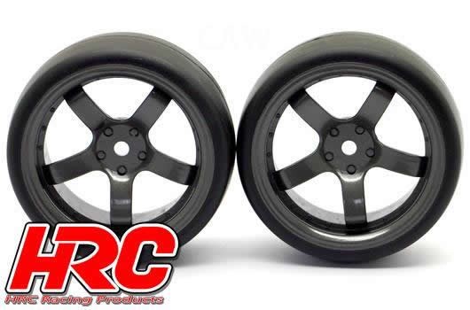 Reifen - 1/10 Drift - montiert - 5-Spoke Gunmetal Felgen 6mm Offset - Slick (2 Stk.)