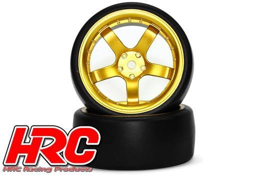 Reifen - 1/10 Drift - montiert - 5-Spoke Gold Wheels 6mm Offset - Slick (2 pcs)