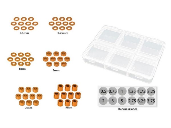MR33 Alu 3mm Orange Unterlegscheiben Set 0.5,0.75,1,2,3,5mm jeweils 10pc (60 Stk)
