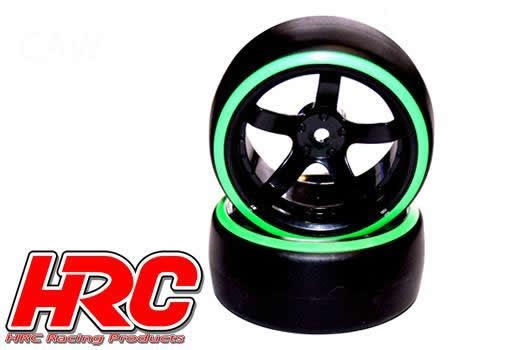 Reifen - 1/10 Drift - montiert - 5-Spoke Felgen 6mm Offset - Dual Color - Slick - Schwarz/Grün (2 St