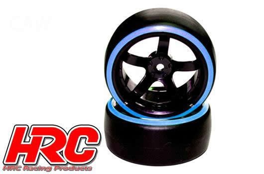 Reifen - 1/10 Drift - montiert - 5-Spoke Felgen 6mm Offset - Dual Color - Slick - Schwarz/Blau (2 St