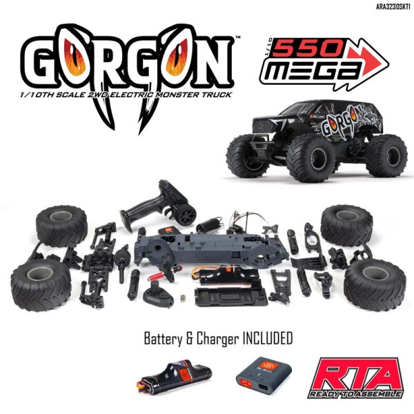 Arrma Gorgon 4x2 MEGA 550 Brushed Bausatz Monstertruck Schwarz mit Akku und Ladegerät