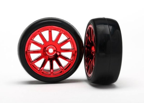 7573X LaTrax 12-Sp Red Slick Tires & Wheels (2) Rally 1/18 Kompletträder Reifen