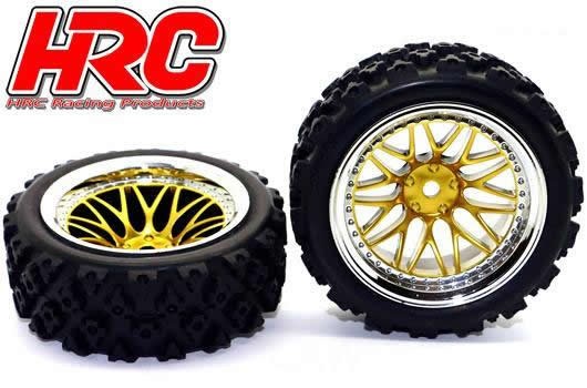 Reifen - 1/10 Rally - montiert - Gold/Chrome Felgen - 12mm Hex - HRC Rally (2 Stk.)