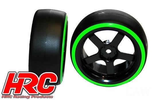 Reifen - 1/10 Drift - montiert - 5-Spoke Felgen 3mm Offset - Dual Color - Slick - Schwarz/Grün (2 St